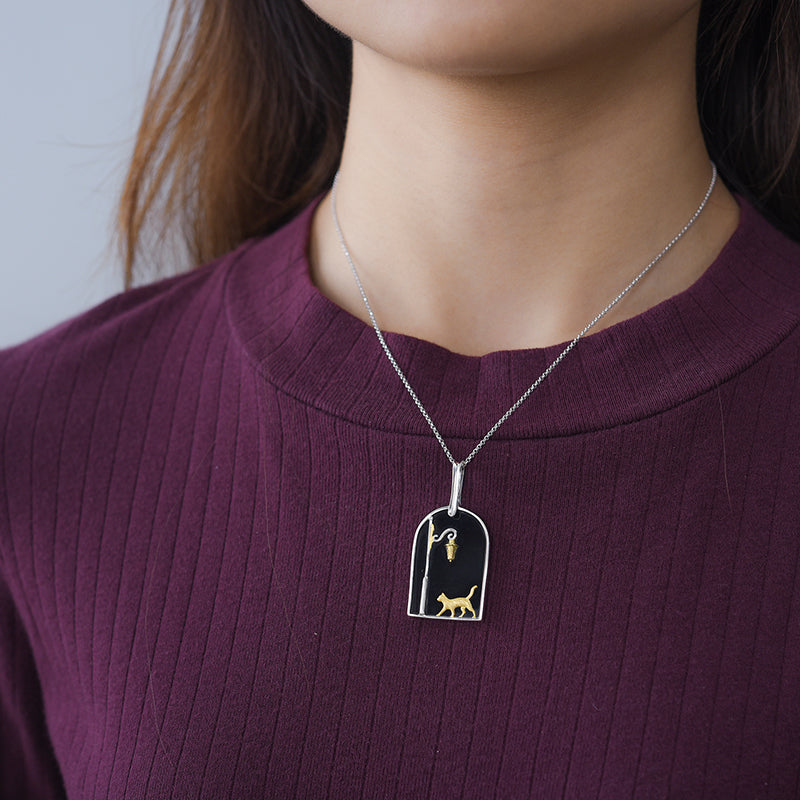 Sterling Silver Black Agate Featuring Cat on the Street at Night Pendant Necklace