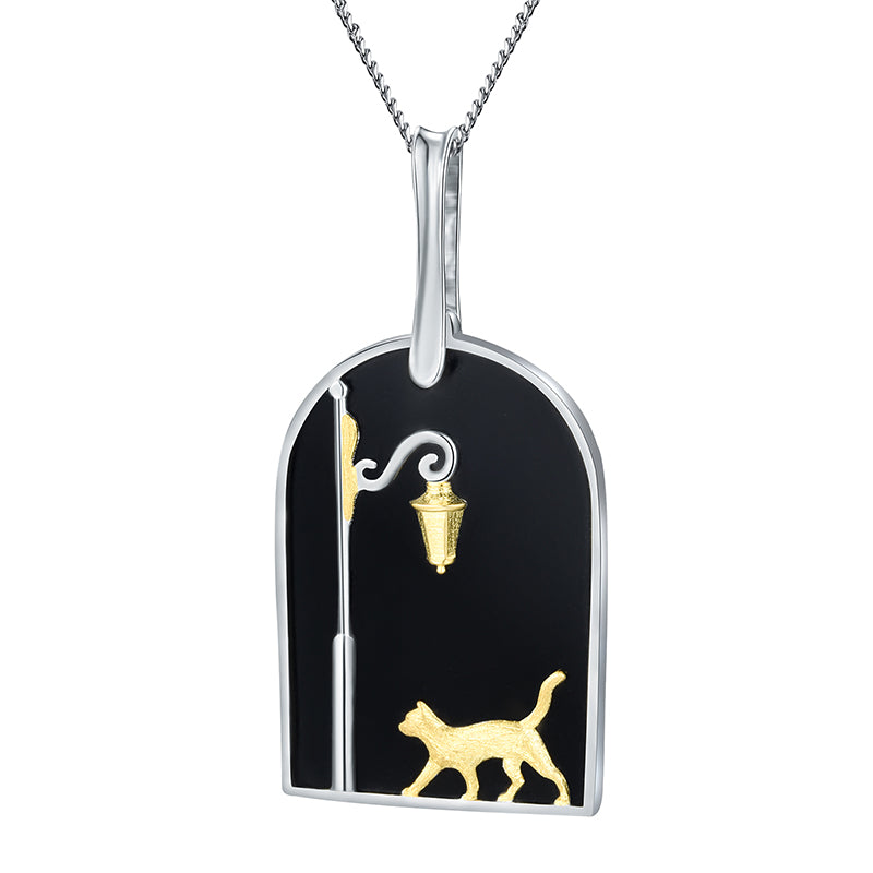 Sterling Silver Black Agate Featuring Cat on the Street at Night Pendant Necklace