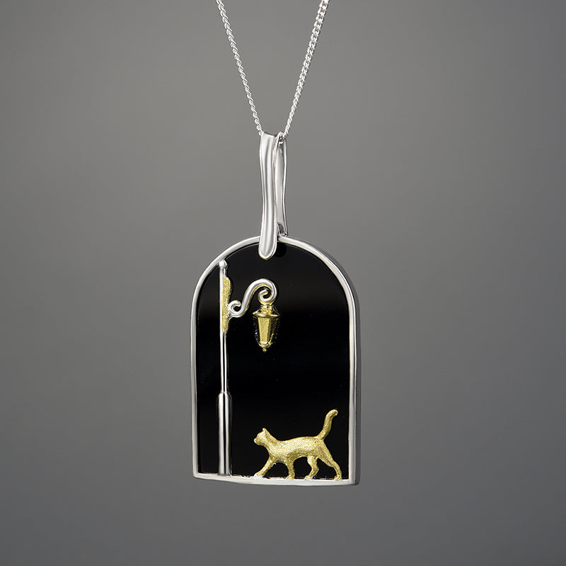Sterling Silver Black Agate Featuring Cat on the Street at Night Pendant Necklace