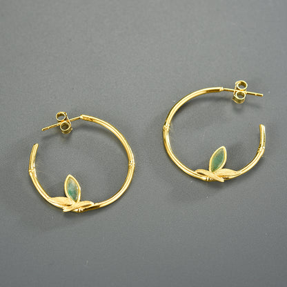 Sterling Silver Aventurine Bamboo Leaves Round Hoop Earrings