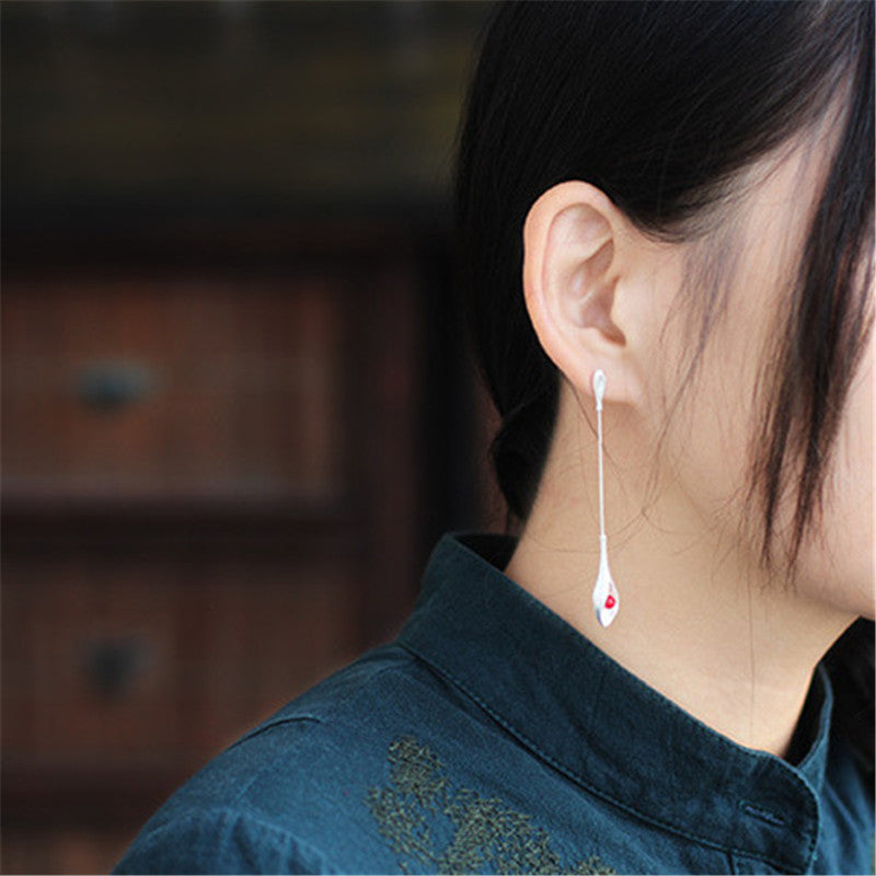 Red Coral Drop Flower Long Dangle Earrings