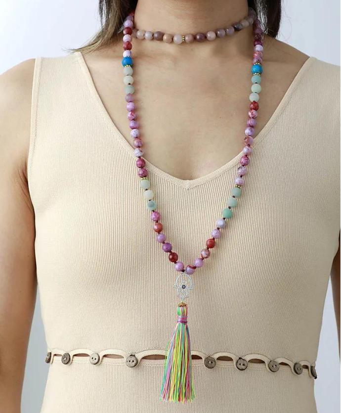 Spiritual Hamsa Healing Long Tassel Meditation 108 Mala Beads Necklace