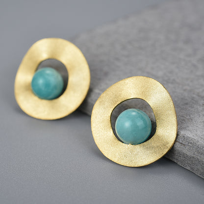 Sterling Silver Amazonite Minimalist Uneven Round Stud Earrings