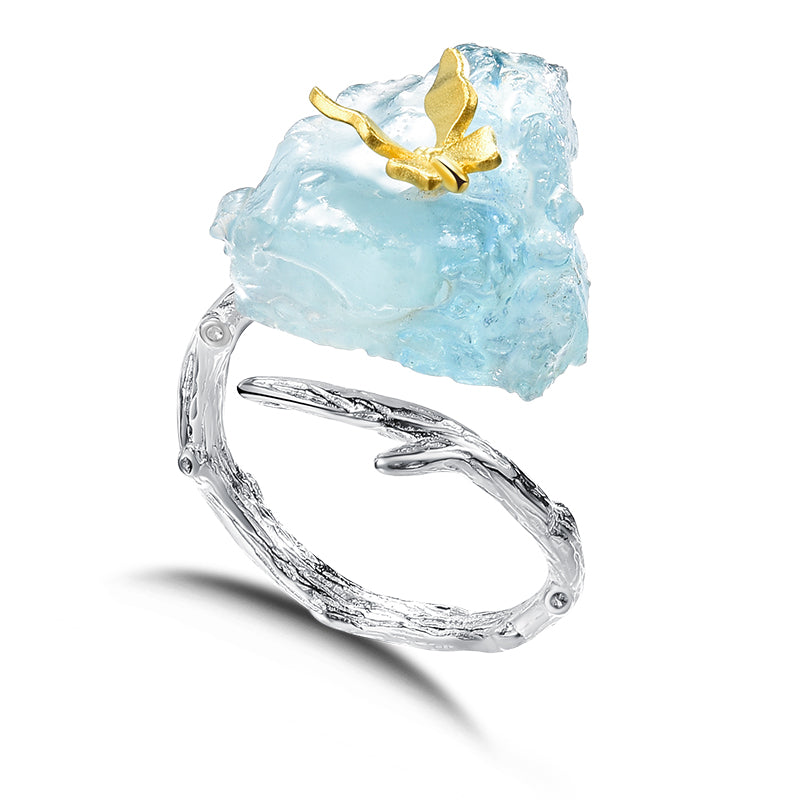 Natural Rough Aquamarine Stone Butterfly Adjustable Ring