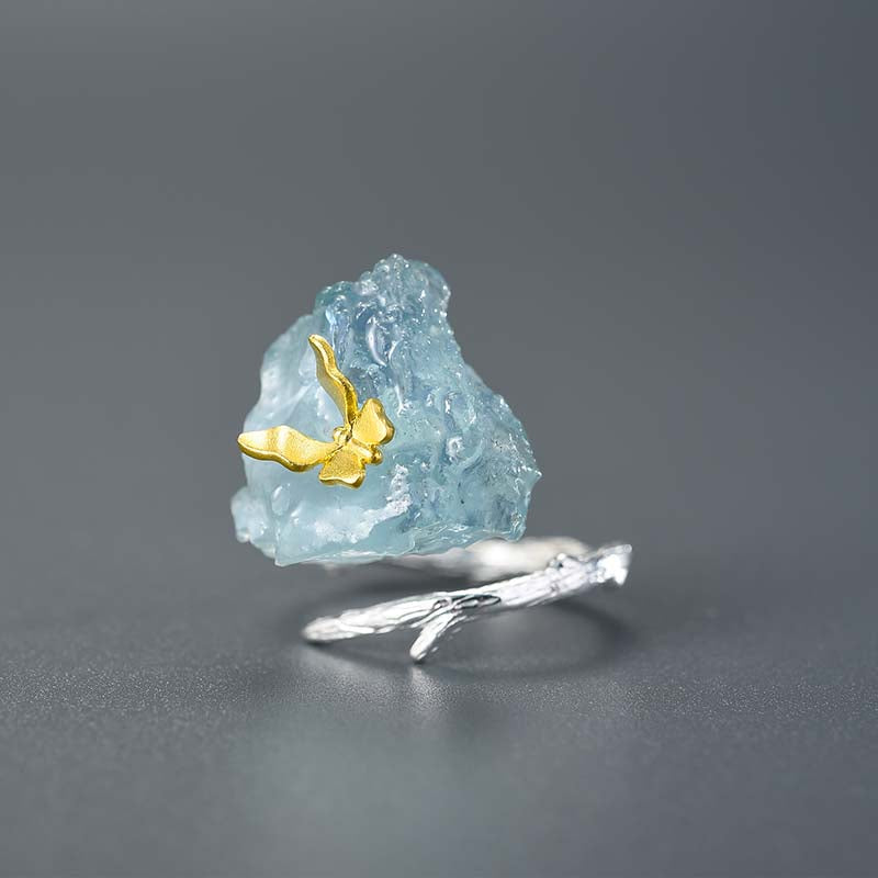 Natural Rough Aquamarine Stone Butterfly Adjustable Ring