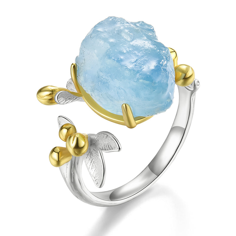 Natural Rough Aquamarine Flower Adjustable Ring