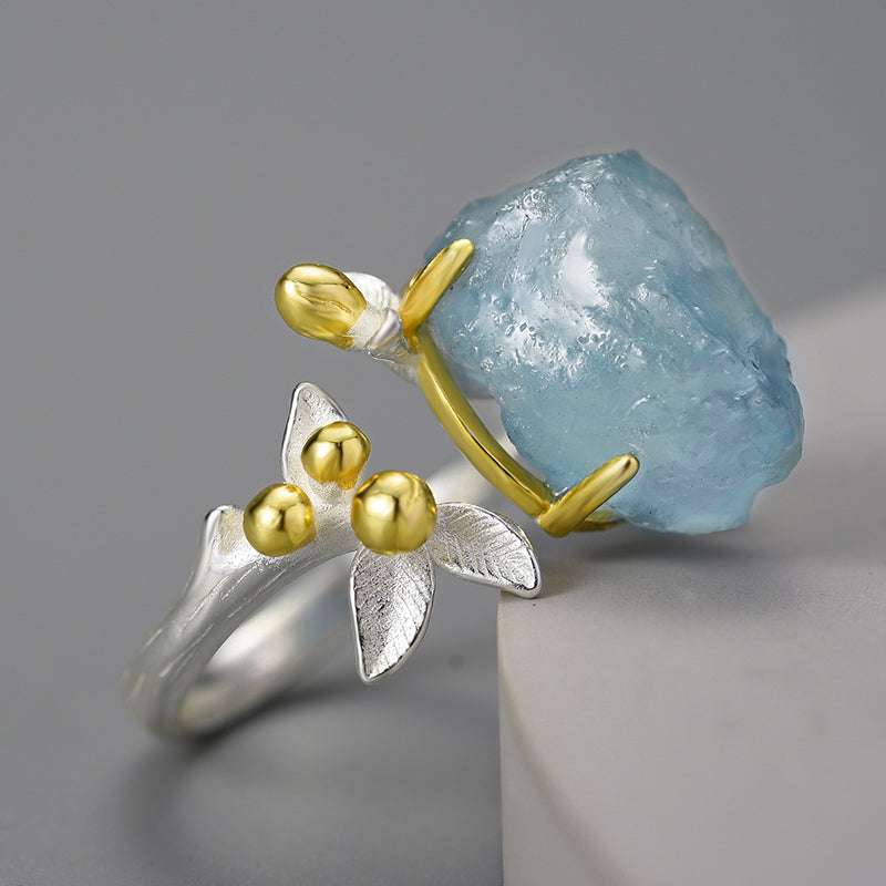 Natural Rough Aquamarine Flower Adjustable Ring