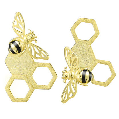 Sterling Silver Unusual Asymmetrical Honeycomb and Bee Stud Earrings