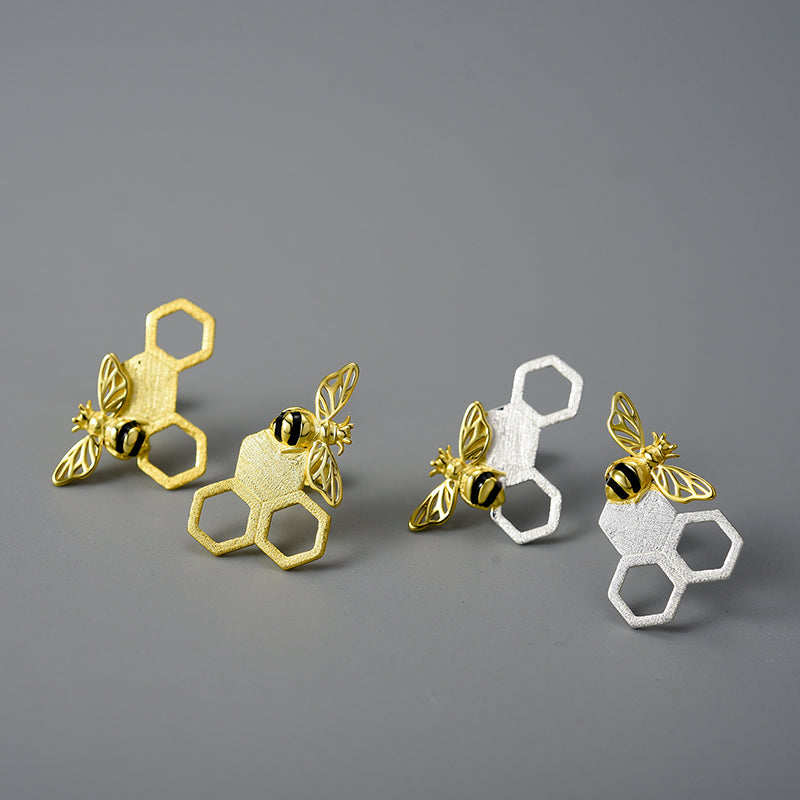 Unusual Asymmetrical Honeycomb and Bee Stud Earrings