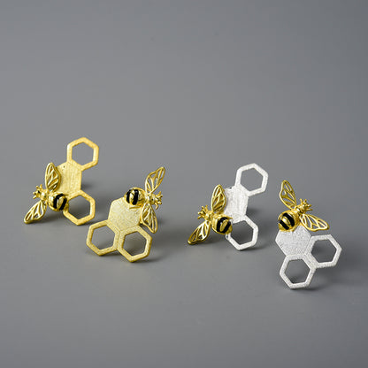 Sterling Silver Unusual Asymmetrical Honeycomb and Bee Stud Earrings