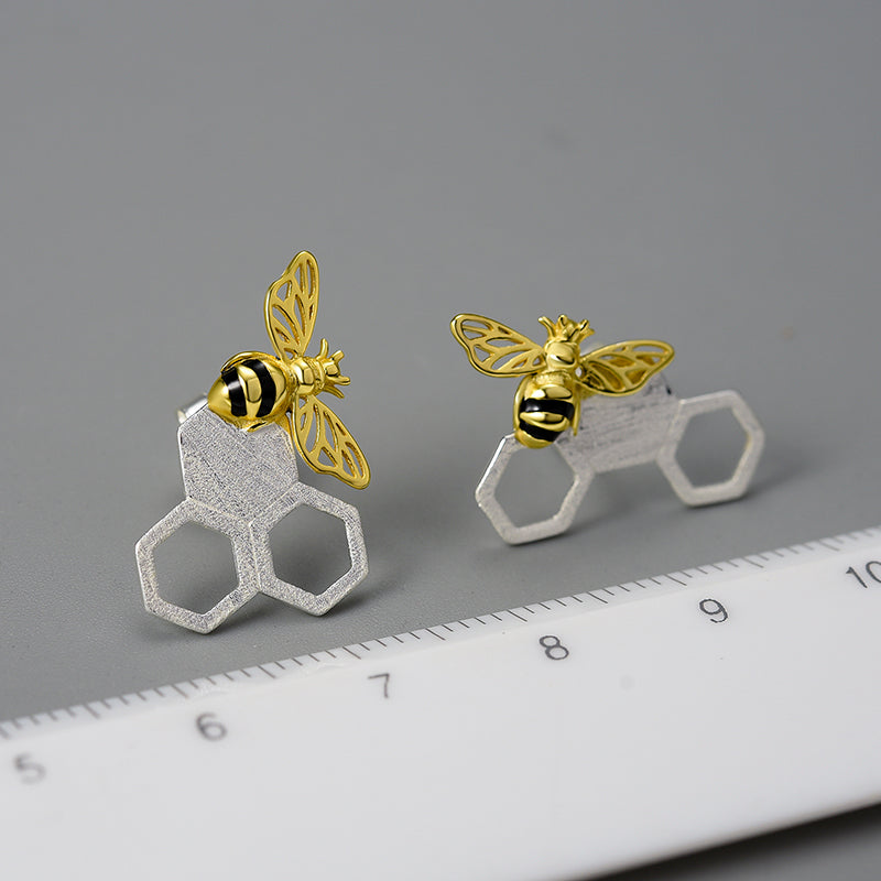 Unusual Asymmetrical Honeycomb and Bee Stud Earrings