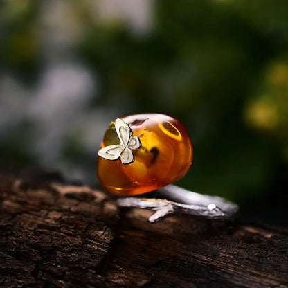 Sterling Silver Butterfly and Natural Amber Adjustable Ring