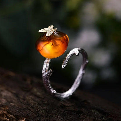 Sterling Silver Butterfly and Natural Amber Adjustable Ring