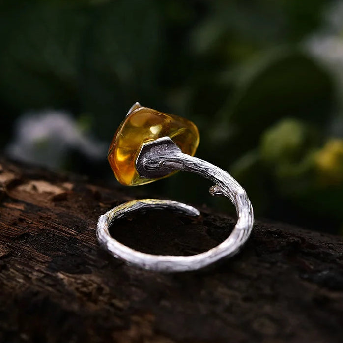 Sterling Silver Butterfly and Natural Amber Adjustable Ring