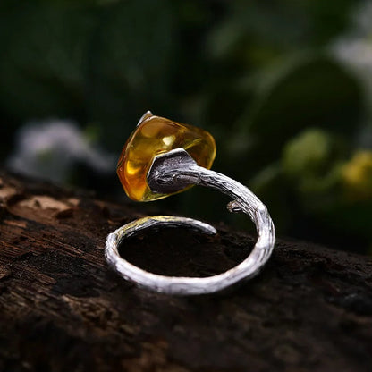 Sterling Silver Butterfly and Natural Amber Adjustable Ring