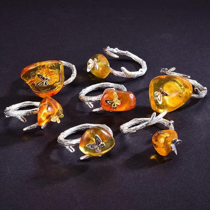 Sterling Silver Butterfly and Natural Amber Adjustable Ring