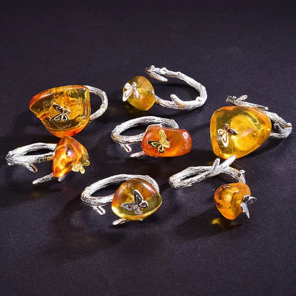 Sterling Silver Butterfly and Natural Amber Adjustable Ring