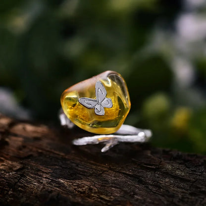 Sterling Silver Butterfly and Natural Amber Adjustable Ring