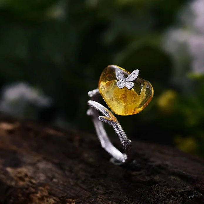 Sterling Silver Butterfly and Natural Amber Adjustable Ring