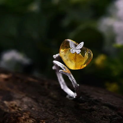 Sterling Silver Butterfly and Natural Amber Adjustable Ring