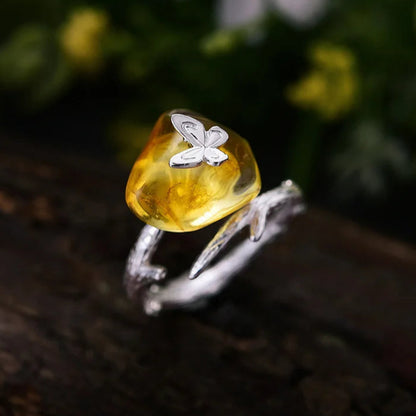 Sterling Silver Butterfly and Natural Amber Adjustable Ring