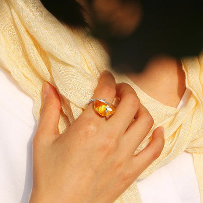 Sterling Silver Butterfly and Natural Amber Adjustable Ring