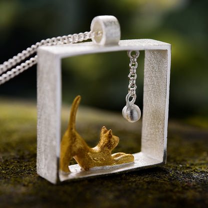 Sterling Silver Cat Playing Balls Pendant (Chain not included)