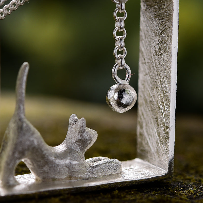 Sterling Silver Cat Playing Balls Pendant (Chain not included)