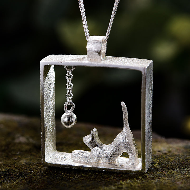 Sterling Silver Cat Playing Balls Pendant (Chain not included)