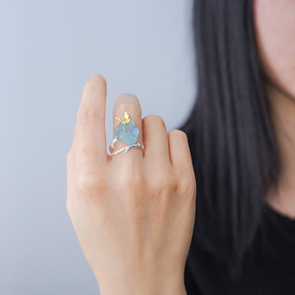 Sterling Silver Natural Rough Aquamarine Stone Butterfly Adjustable Ring