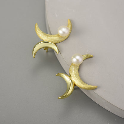 Sterling Silver Asymmetrical Double Moon Stud Earrings