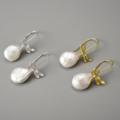 Sterling Silver Dragonfly French Baroque Pearl Drop Earrings