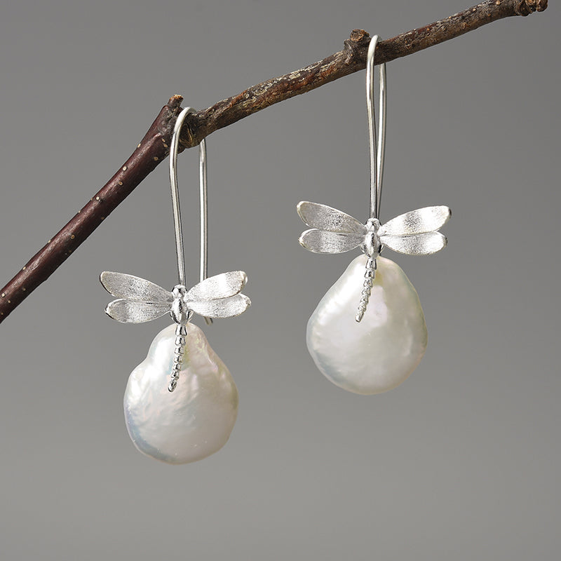 Sterling Silver Dragonfly French Baroque Pearl Drop Earrings