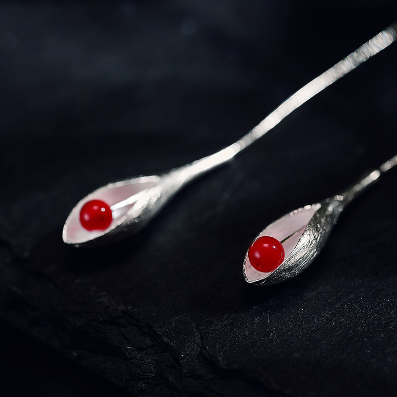 Red Coral Drop Flower Long Dangle Earrings