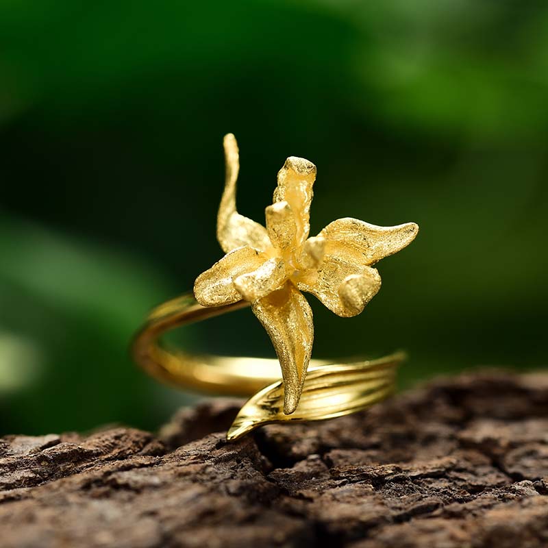 Elegant Iris Flower Leaves Adjustable Ring