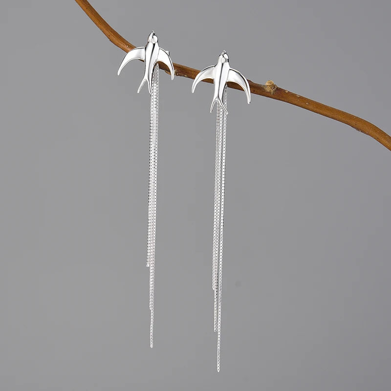 Sterling Silver Flying Swallows Long Tassels Dangle Earrings