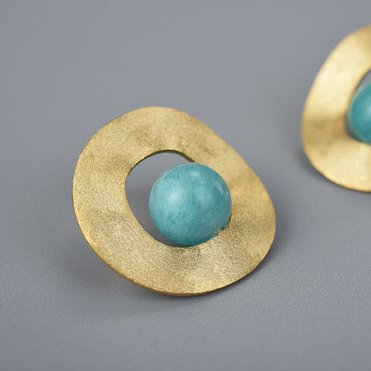 Sterling Silver Amazonite Minimalist Uneven Round Stud Earrings