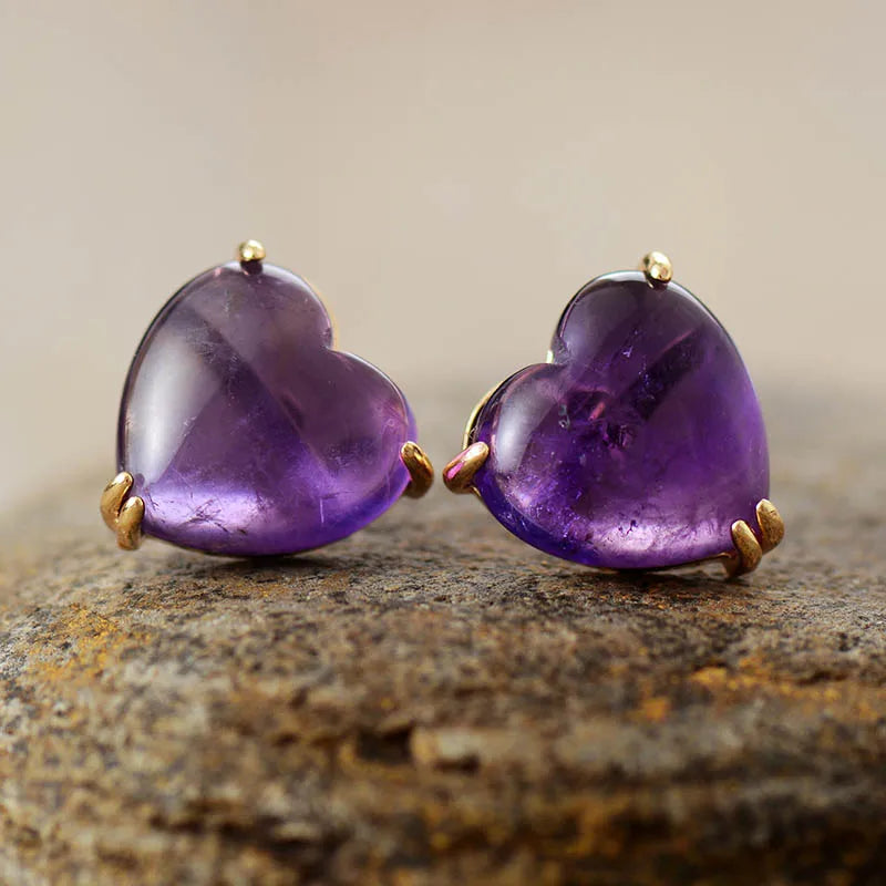 Heart Shape Amethysts Stud Earrings