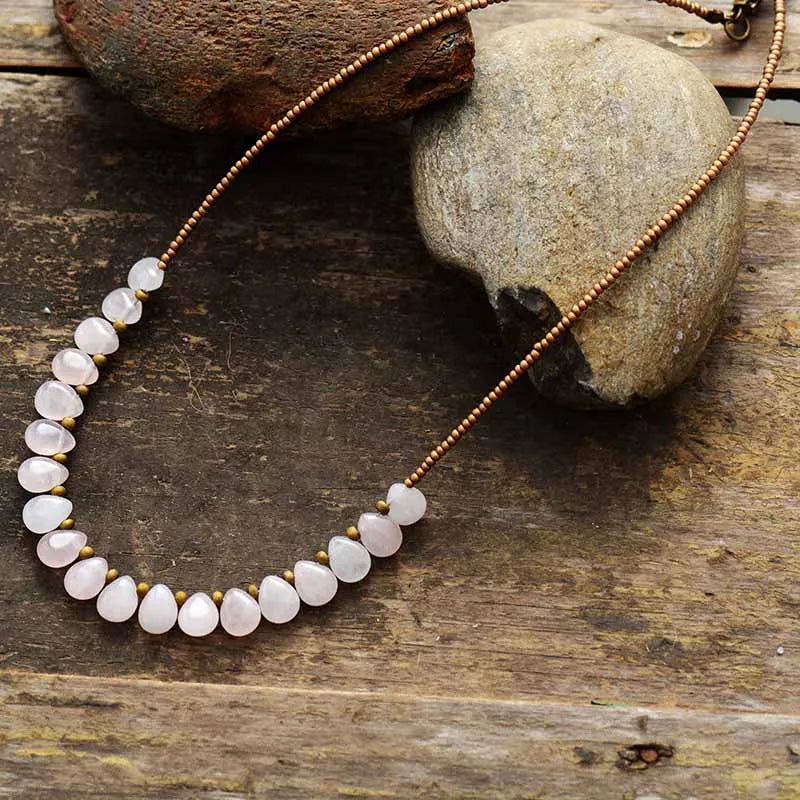 Boho Rose Quartz Teardrops Beaded Necklace