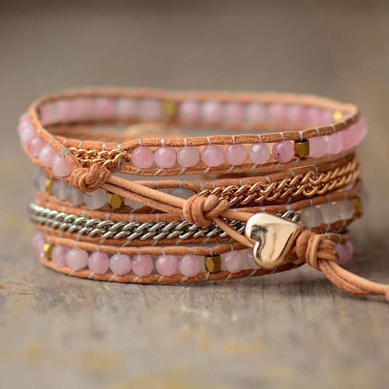 Rose Quartz Leather Wrap Bracelet