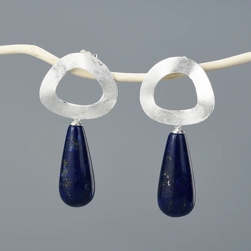 Lapis Lazuli Minimalist Uneven Geometric Shape Dangle Earrings