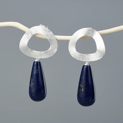 Sterling Silver Lapis Lazuli Minimalist Uneven Geometric Shape Dangle Earrings