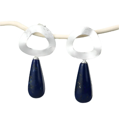 Sterling Silver Lapis Lazuli Minimalist Uneven Geometric Shape Dangle Earrings