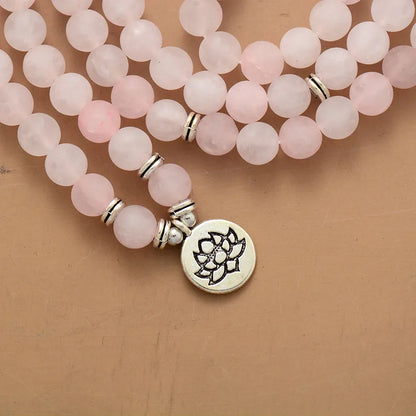 Matte Frosted Rose Quartz Lotus Charm Necklace