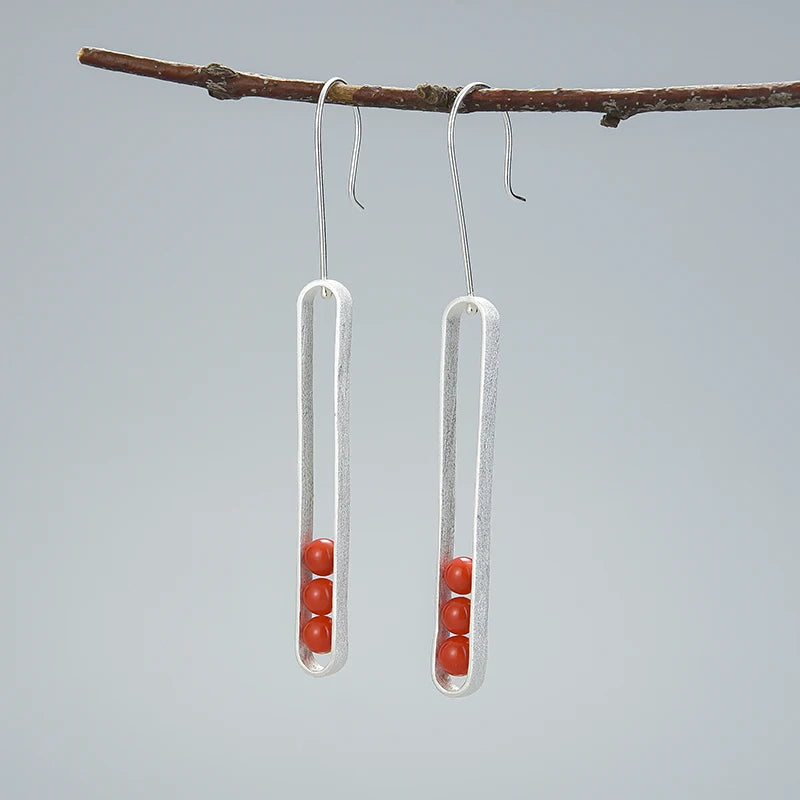 Red Coral Elliptical Minimalist Long Dangle Earrings