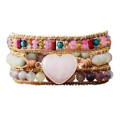 Rose Quartz Heart Shape Leather Wrap Bracelet