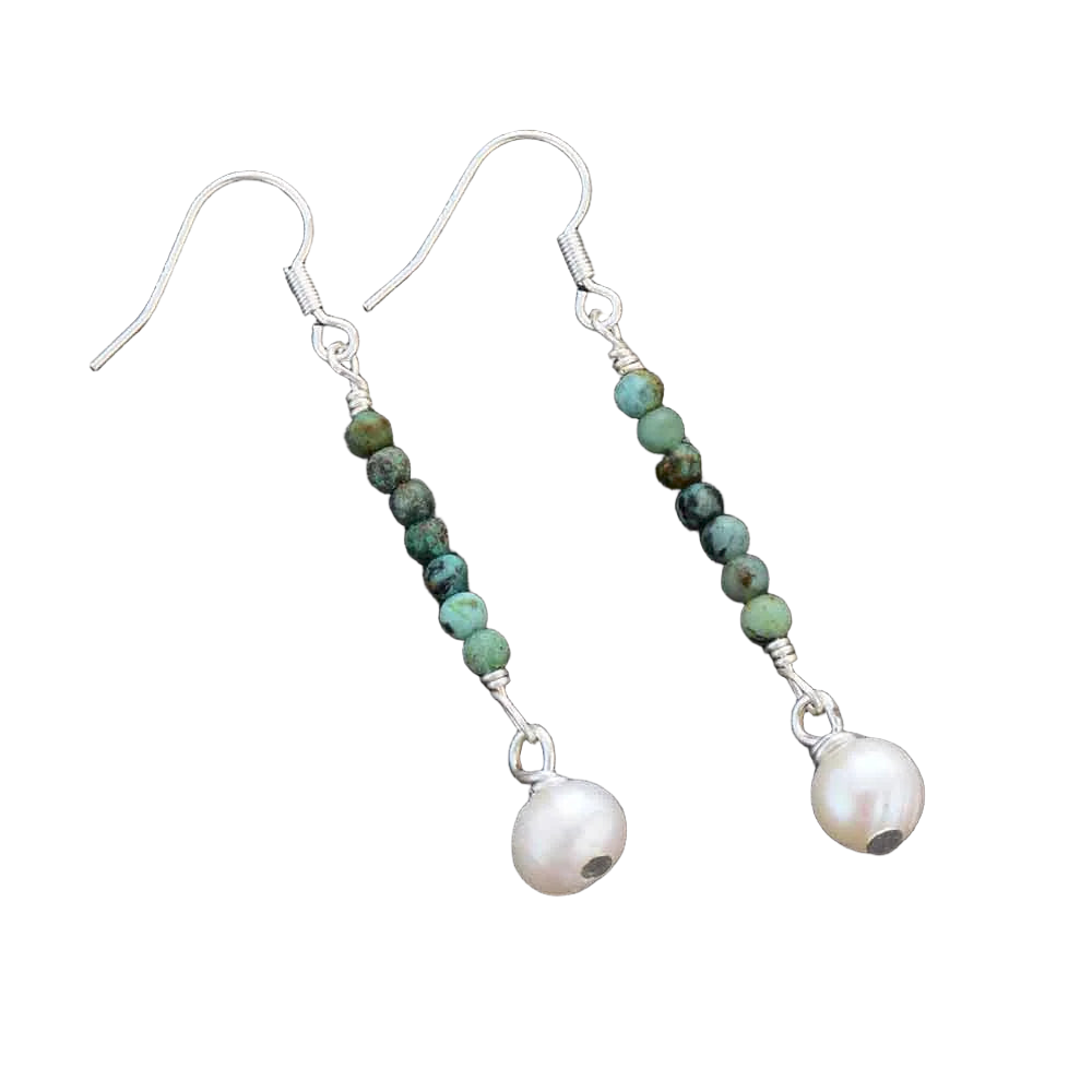 Boho African Turquoises and Pearls Long Dangle Earrings