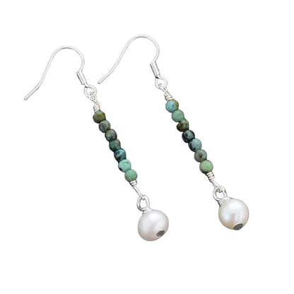 Boho African Turquoises and Pearls Long Dangle Earrings