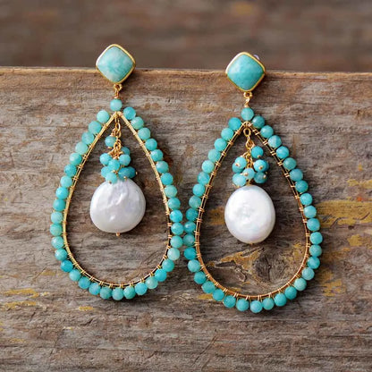 Hyperbole Teardrop Amazonite and Pearl Earrings