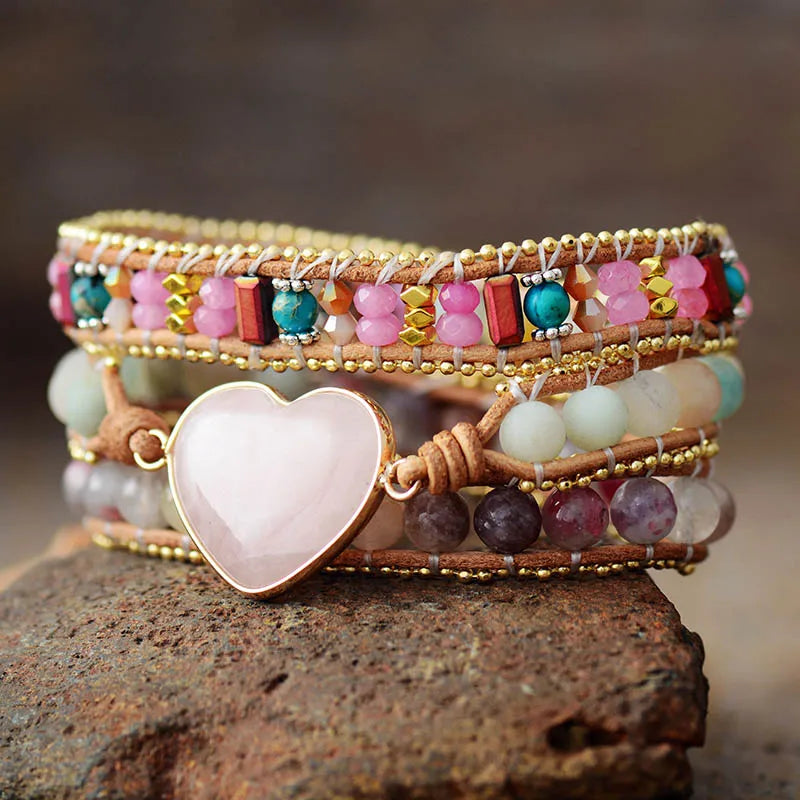 Rose Quartz Heart Shape Leather Wrap Bracelet